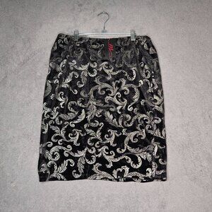 NWT Midnight Velvet Pencil Skirt Large Black Silver Melody Jacquard New Stretch